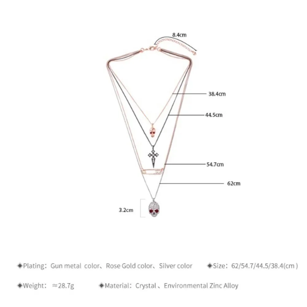 Layered Skull Safety Pin Cross Rose Gold Gun Metal Silver Necklace NWT - Picture 8 of 8